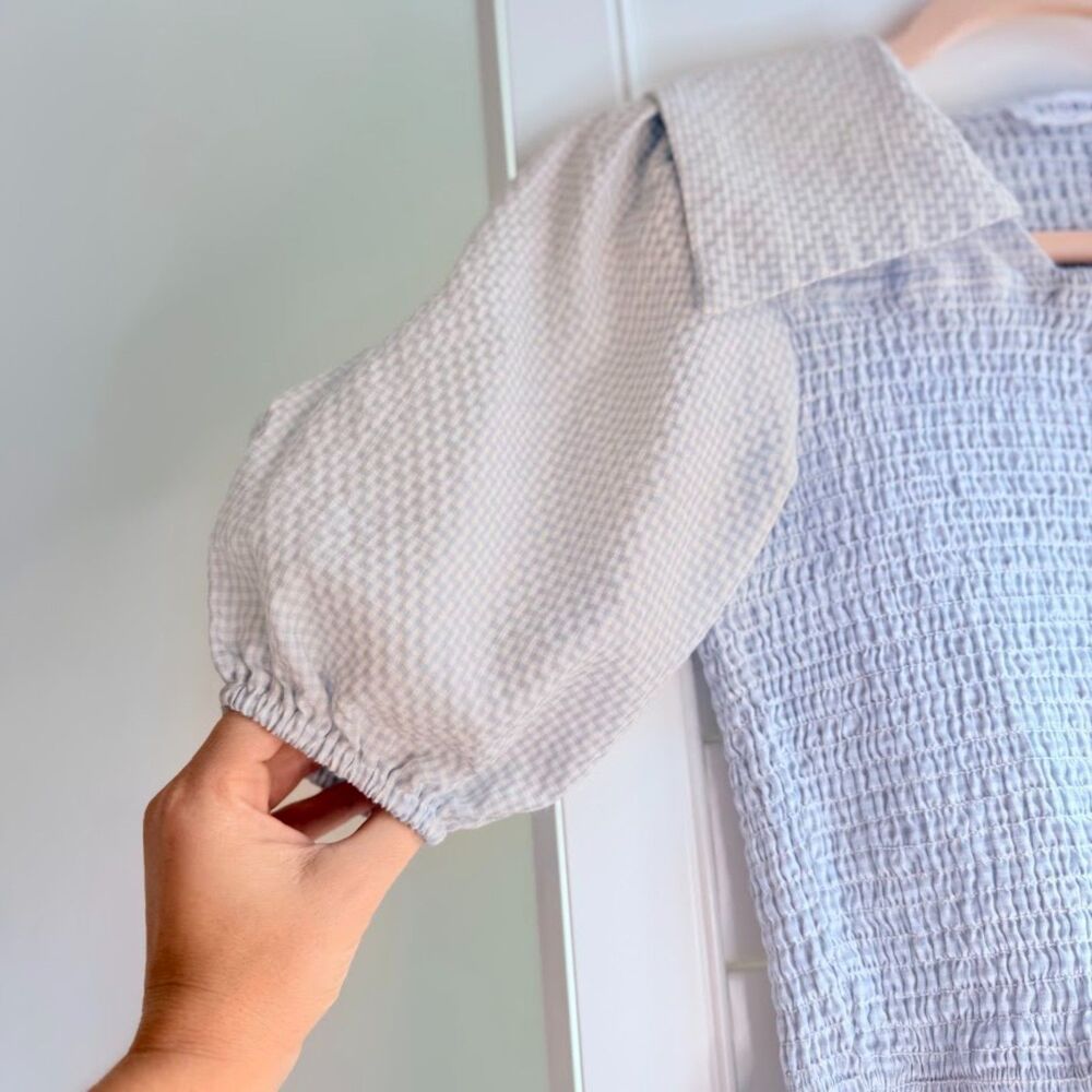 Storia Smocked Blue Gingham Peplum Top with Puff Sleeves & Square Collar size S - Picture 3 of 11